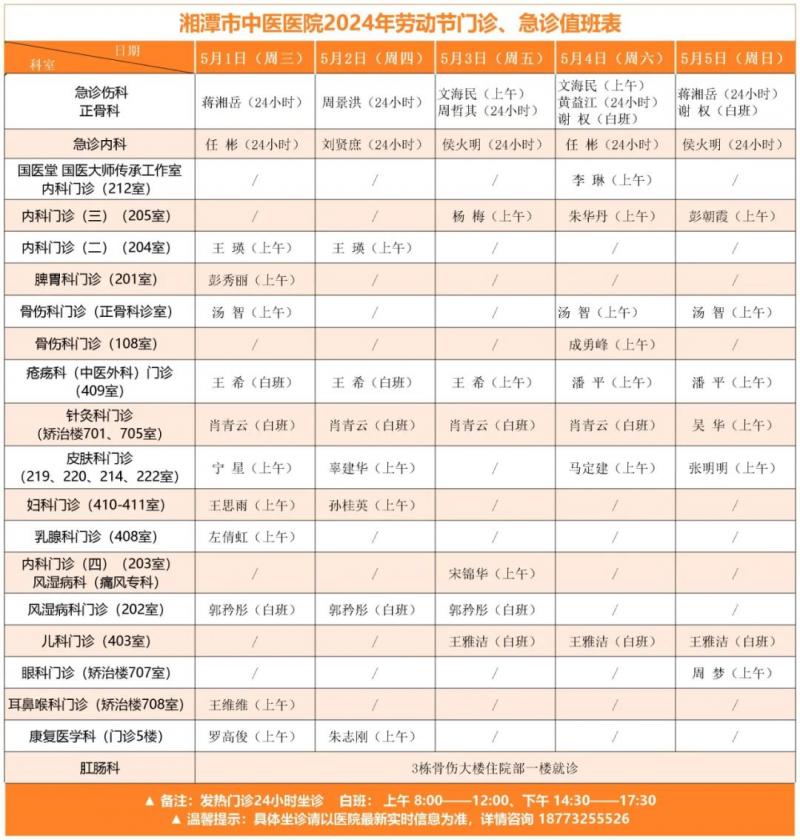 【卓越服务】@所有人 | 湘潭市中医医院2024年五一劳动节门诊、急诊坐诊安排